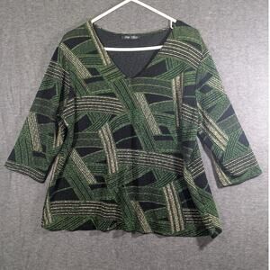 Only Nine Woman's 3/4 Sleeve Geometric Sparkle Green Gold Blouse Size L